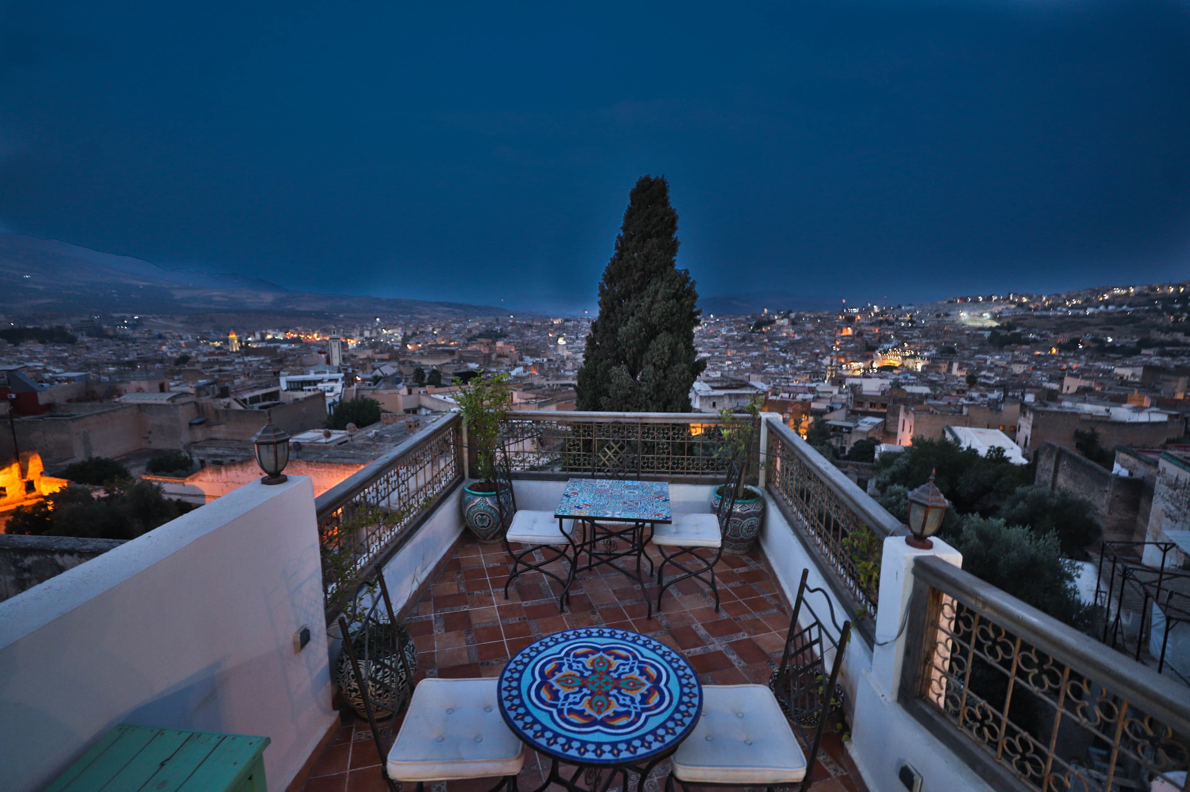 Panoramic view of the Fez medina from Riad Fez Mahal rooftop terrace